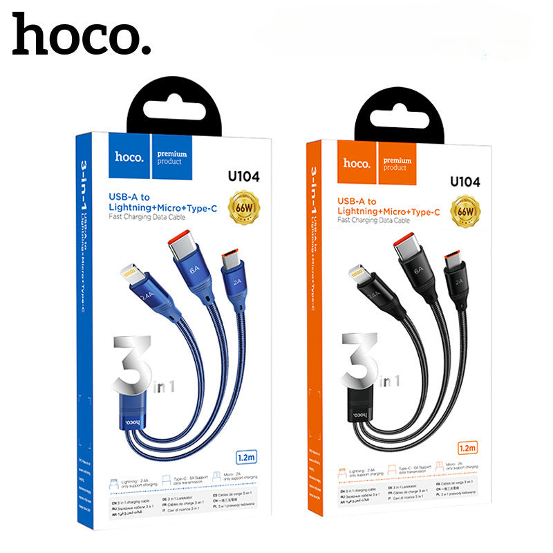 HOCO U104 66W one-to-three charging cable three-in-one mobile phone fast charging data cable nylon braided cable