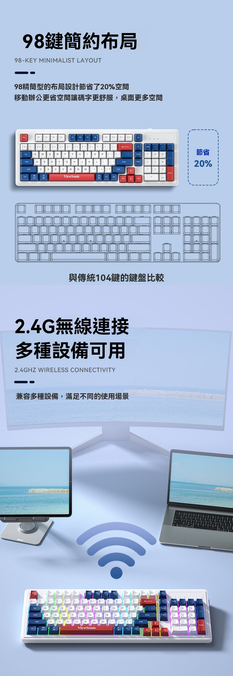 ViewSonic KW127無線98鍵拼色鍵盤,電腦(臺式、筆記本)通用,24G遊戲辦公皆可