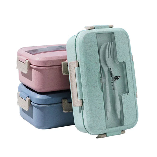 微波爐安全不鏽鋼便當盒 | 三格長方形食品容器 附小麥秸稈可加熱 PP 餐具