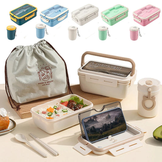 麥草塑料便當盒套裝 | 不含雙酚A 含隔間饭盒 + 餐具湯杯