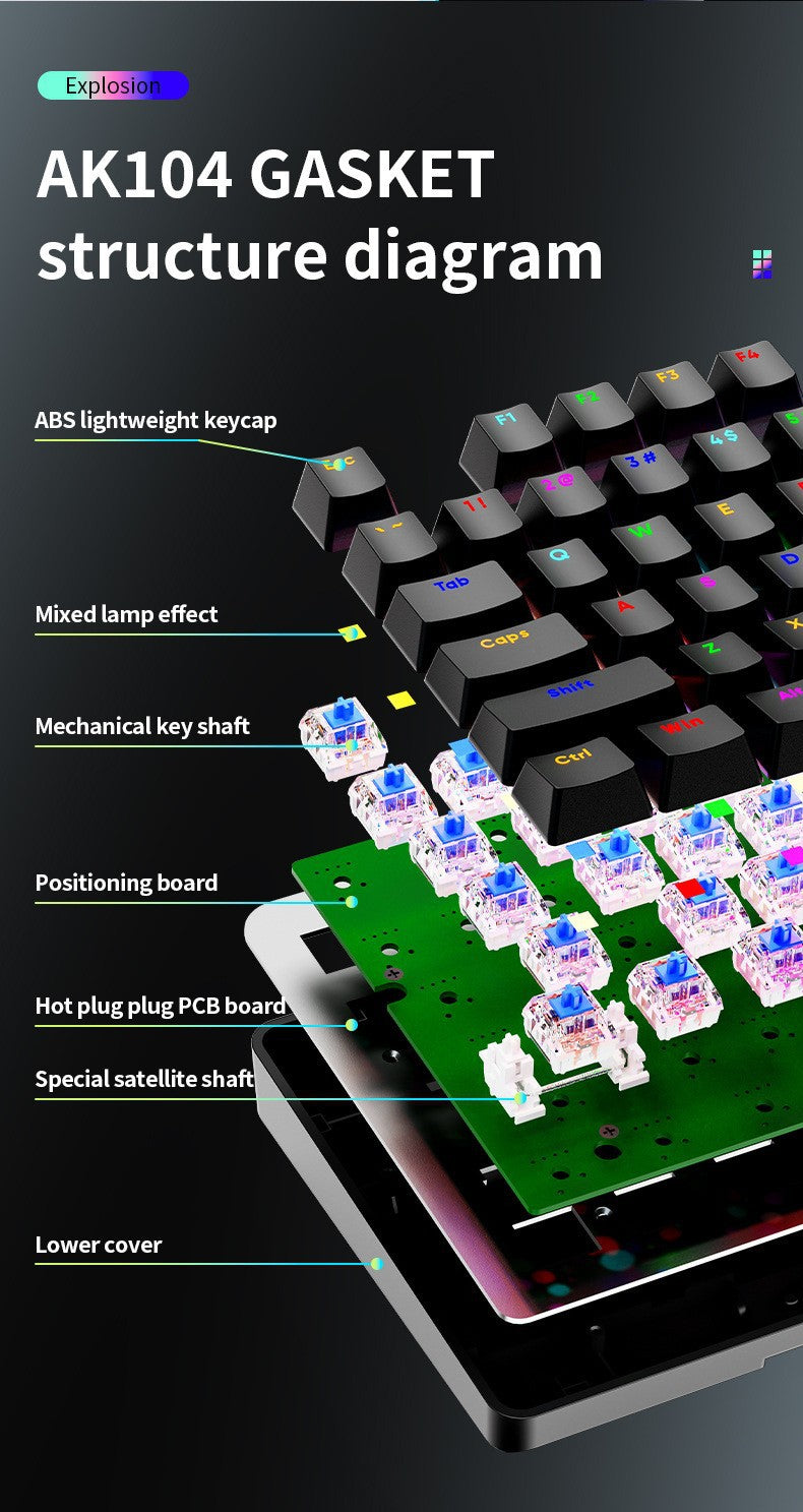 AK104 有線機械式鍵盤,可選配青軸、紅軸,具備 RGB 背光,適用於電競遊戲與辦公場景