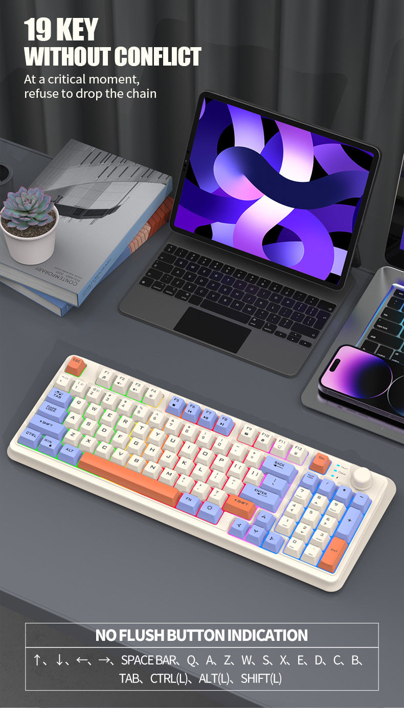 XUNFOX K94 時尚拼色旋鈕無線藍牙雙模發光鍵盤,適用於電腦、筆記本