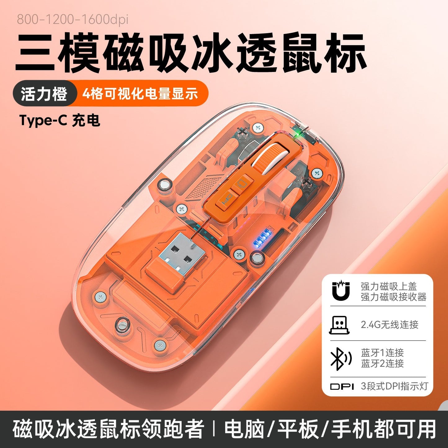 M136 透明無線藍牙三模鼠標,可充電,帶磁吸功能,創意禮品,適用於筆記本、電腦辦公