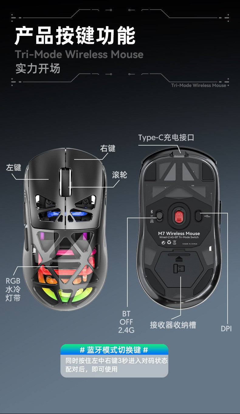 M7 鏤空輕量化洞洞鼠標,支持三模(藍牙、2.4G)無線連接,可充電,適用於電競遊戲,帶 RGB 發光,支持跨境銷售