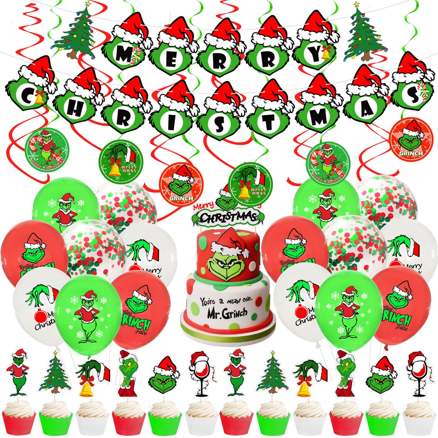 Grinch theme decoration Christmas party flag banner balloon birthday cake insert set (minimum batch of 2 sets)