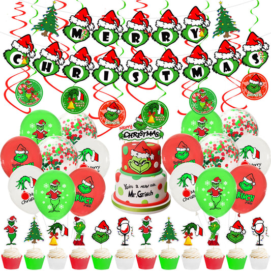 Grinch theme decoration Christmas party flag banner balloon birthday cake insert set (minimum batch of 2 sets)