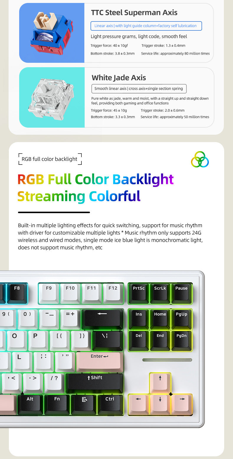 Technology M87 是一款三模無線藍牙機械鍵盤,也支持有線連接,具備 RGB 效果,採用 gasket 結構且支持熱插拔,可客製化,適用於遊戲場景