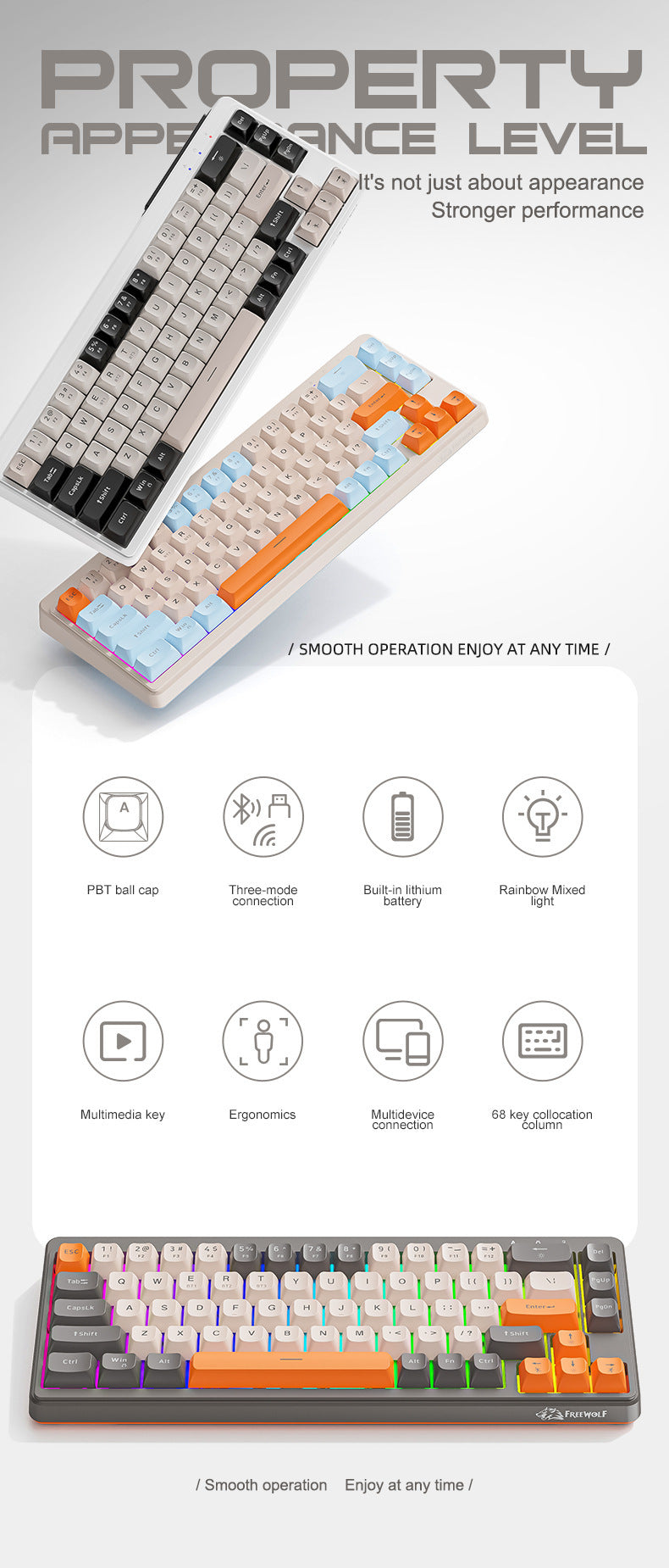 FreeWolf M68 無線藍牙三模鍵盤,具機械手感,適用於遊戲電競與辦公,採用低音 PBT 球帽