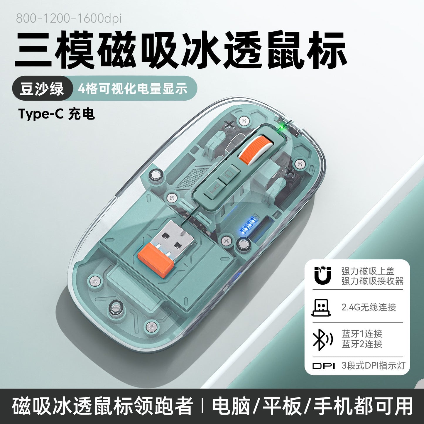 M136 透明無線藍牙三模鼠標,可充電,帶磁吸功能,創意禮品,適用於筆記本、電腦辦公