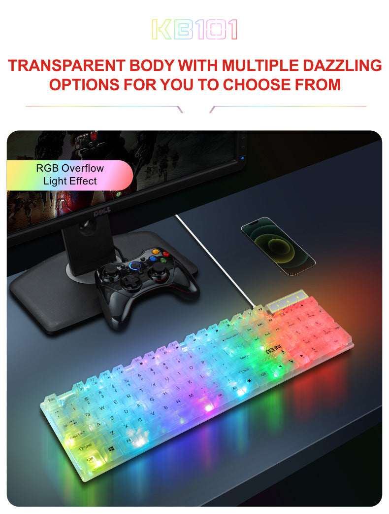 douni KB101 鍵盤,有線連接,具機械手感,七彩 RGB 發光,透明設計,適用於筆記本電腦和遊戲