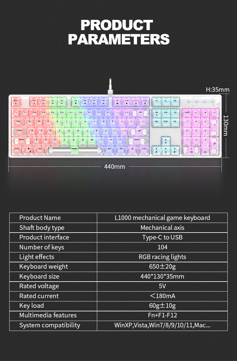 RAIKU L1000 真機械鍵盤,具備 RGB 效果,透明設計,是有線鍵盤,適用於筆記本電腦和遊戲,有冰晶款