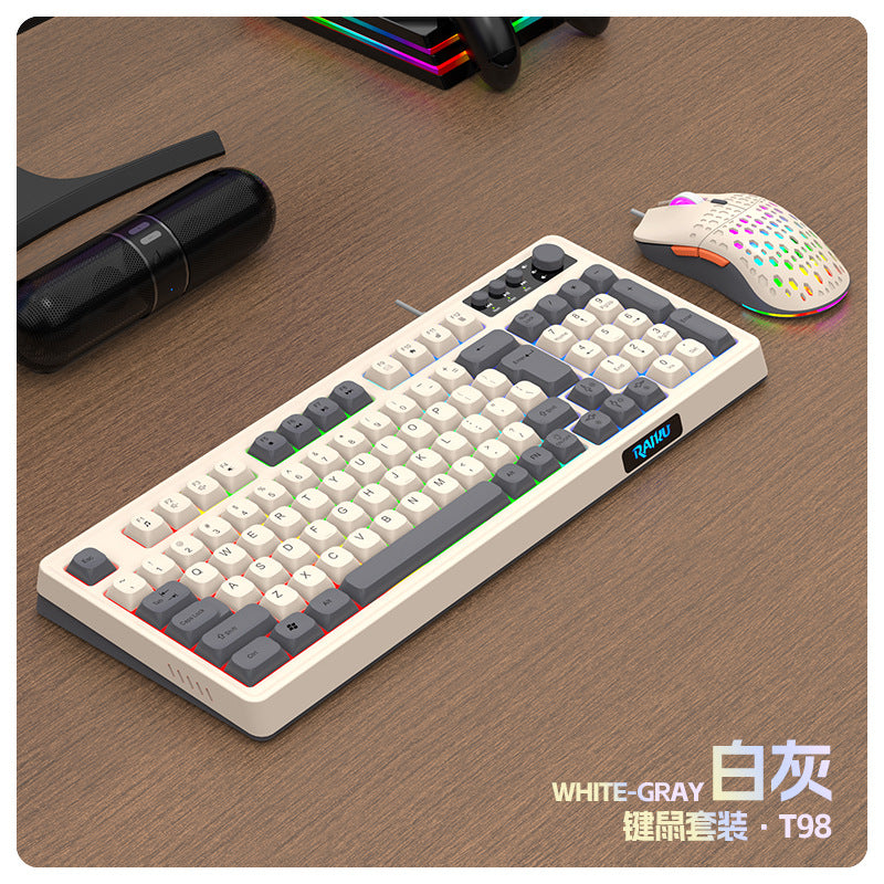 RAIKU T98 有線薄膜旋鈕鍵盤 三拼色發光機械手感電腦辦公遊戲鍵盤套裝