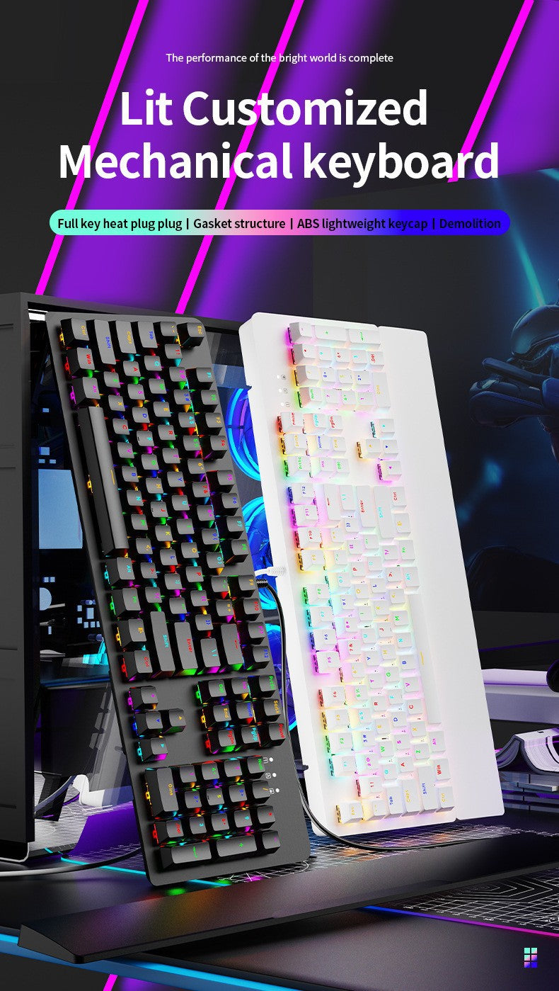 AK104 有線機械式鍵盤,可選配青軸、紅軸,具備 RGB 背光,適用於電競遊戲與辦公場景