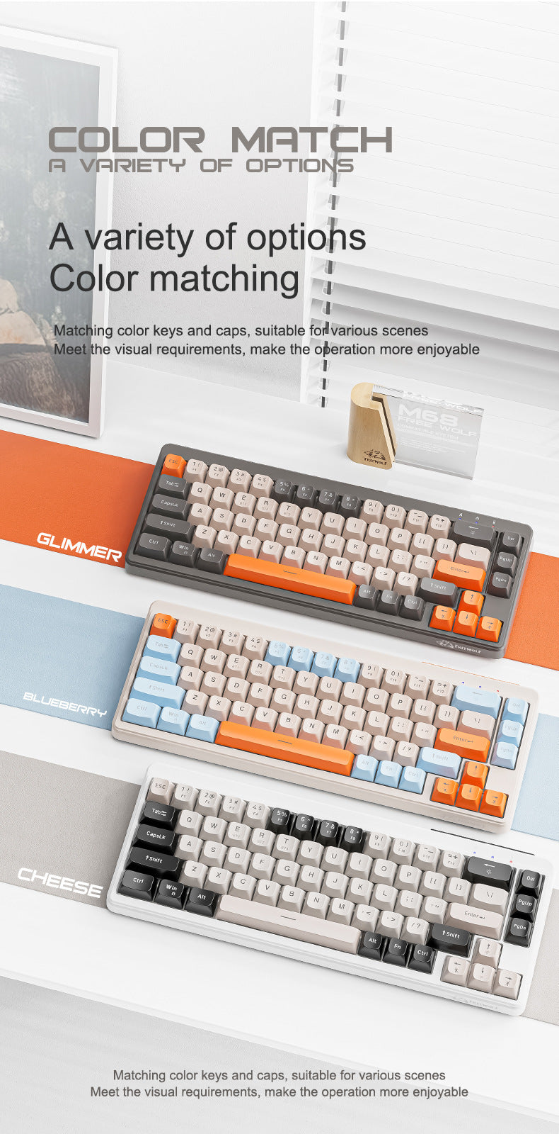 FreeWolf M68 無線藍牙三模鍵盤,具機械手感,適用於遊戲電競與辦公,採用低音 PBT 球帽