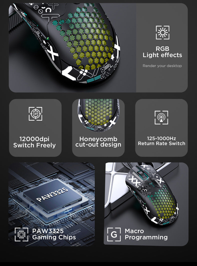 FreeWolf M5 輕量有線電競洞洞鼠,PAW3325 引擎,12000DPI RGB 款