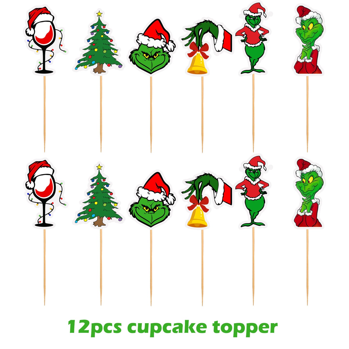 Grinch theme decoration Christmas party flag banner balloon birthday cake insert set (minimum batch of 2 sets)