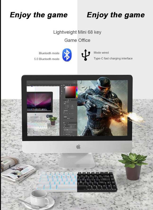 Technology 68 鍵 RGB 無線藍牙機械鍵盤,青軸,三模連接,適配手機、平板、電腦,遊戲辦公皆可用