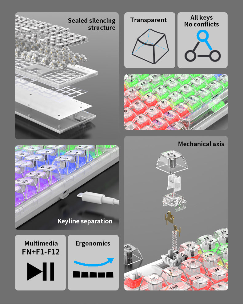 RAIKU L1000 真機械鍵盤,具備 RGB 效果,透明設計,是有線鍵盤,適用於筆記本電腦和遊戲,有冰晶款