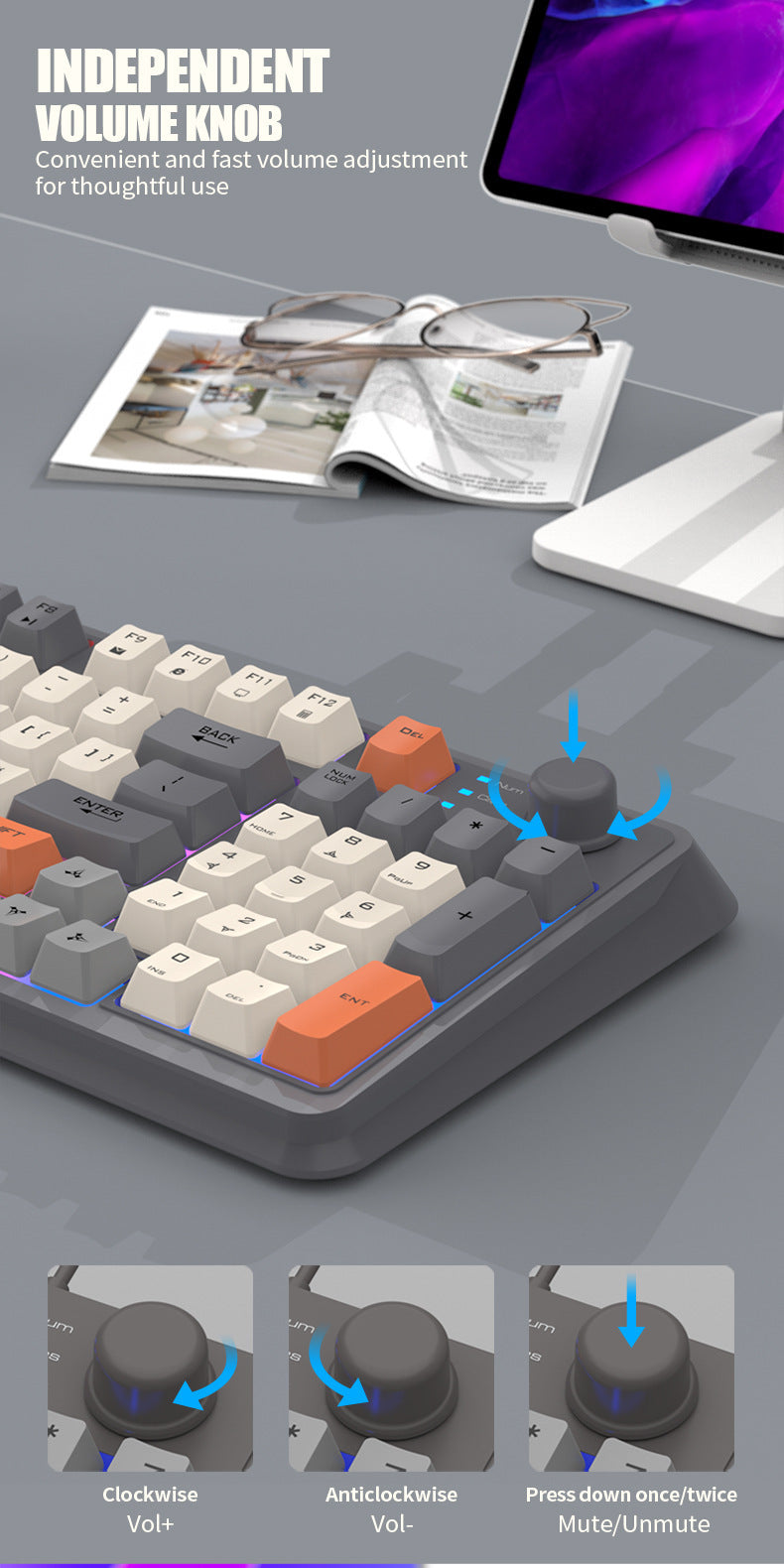 XUNFOX K94 時尚拼色旋鈕無線藍牙雙模發光鍵盤,適用於電腦、筆記本