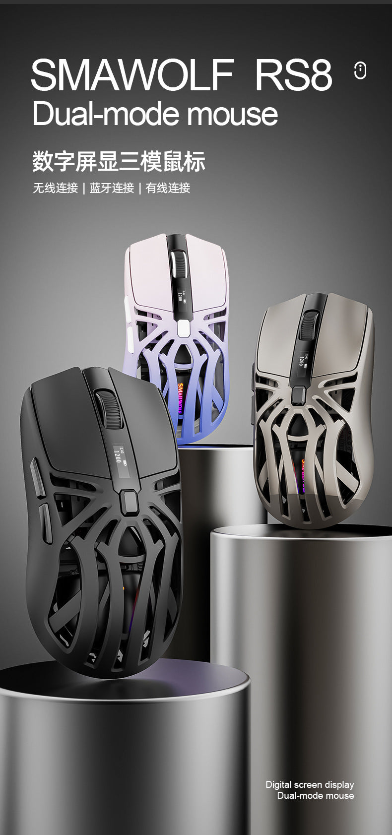 Smailwolf RS8 藍牙無線三模鼠標,輕量化設計,電競遊戲、電腦辦公通用