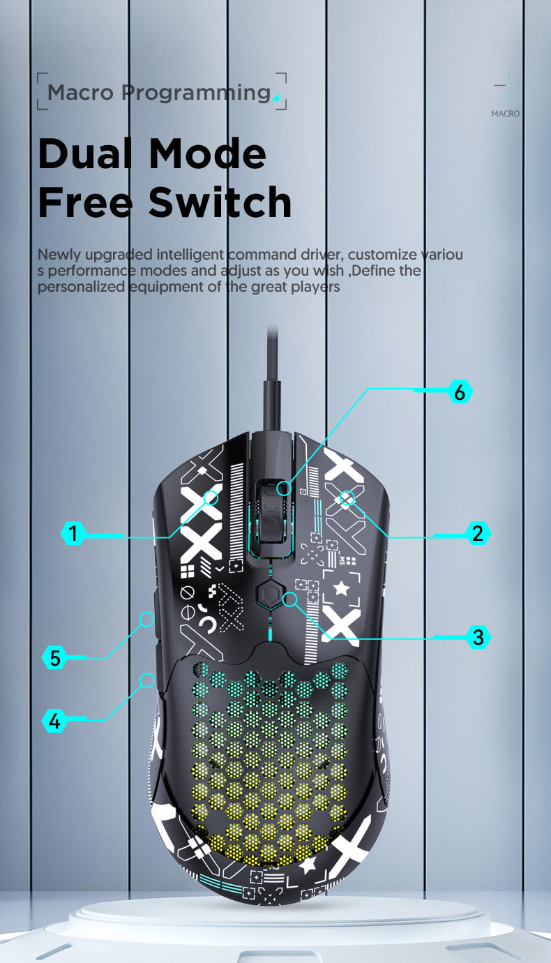 FreeWolf M5 輕量有線電競洞洞鼠,PAW3325 引擎,12000DPI RGB 款