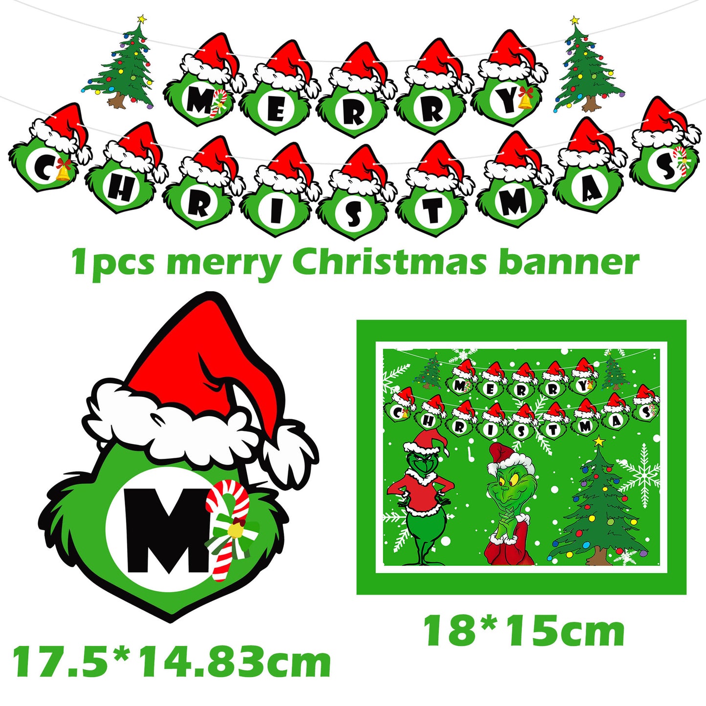 Grinch theme decoration Christmas party flag banner balloon birthday cake insert set (minimum batch of 2 sets)