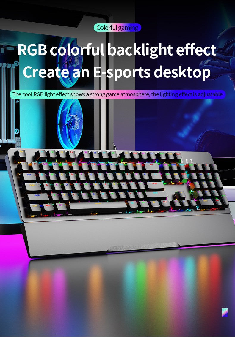 AK104 有線機械式鍵盤,可選配青軸、紅軸,具備 RGB 背光,適用於電競遊戲與辦公場景