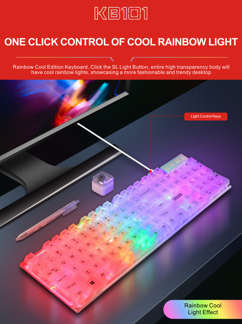 douni KB101 鍵盤,有線連接,具機械手感,七彩 RGB 發光,透明設計,適用於筆記本電腦和遊戲