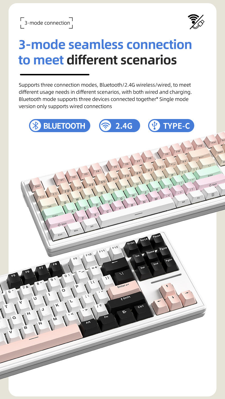 Technology M87 是一款三模無線藍牙機械鍵盤,也支持有線連接,具備 RGB 效果,採用 gasket 結構且支持熱插拔,可客製化,適用於遊戲場景