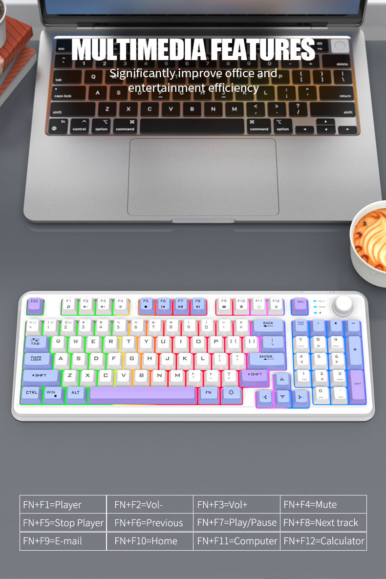 XUNFOX K94 時尚拼色旋鈕無線藍牙雙模發光鍵盤,適用於電腦、筆記本