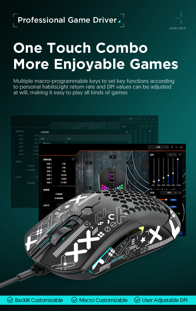 FreeWolf M5 輕量有線電競洞洞鼠,PAW3325 引擎,12000DPI RGB 款