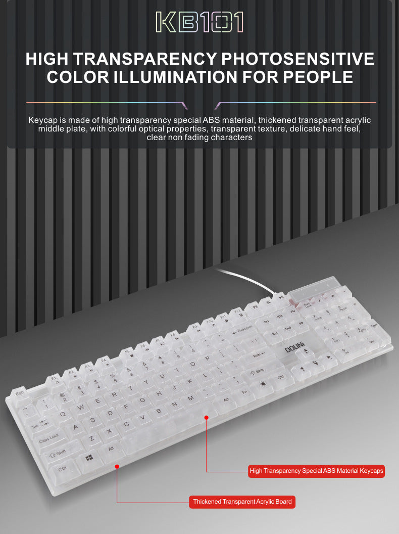 douni KB101 鍵盤,有線連接,具機械手感,七彩 RGB 發光,透明設計,適用於筆記本電腦和遊戲