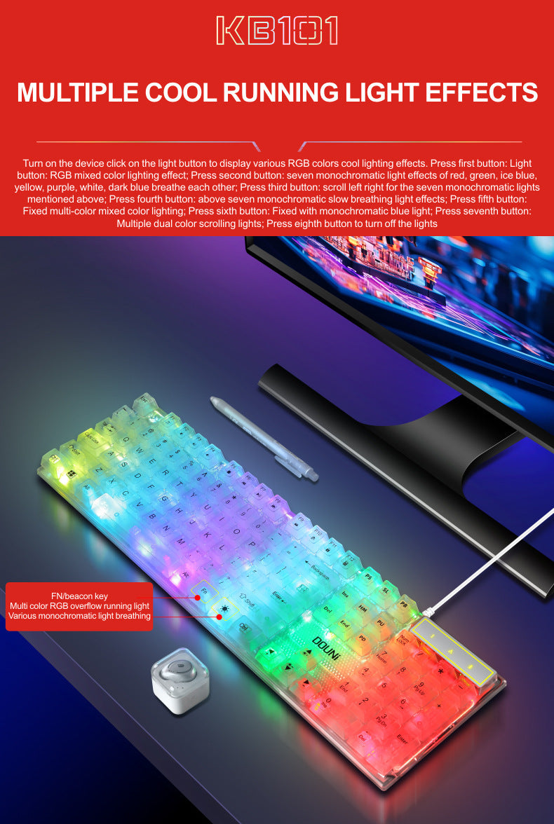 douni KB101 鍵盤,有線連接,具機械手感,七彩 RGB 發光,透明設計,適用於筆記本電腦和遊戲