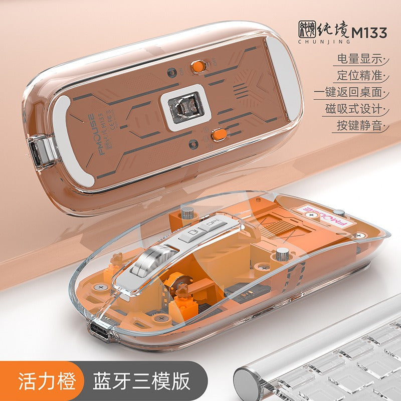FMOUSE M133 無線藍牙三模透明鼠標,可充電,具備低音特點,適合女生使用,適用於平板電腦、筆記本,可用於辦公