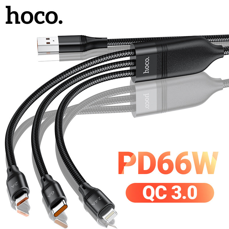 HOCO U104 66W one-to-three charging cable three-in-one mobile phone fast charging data cable nylon braided cable
