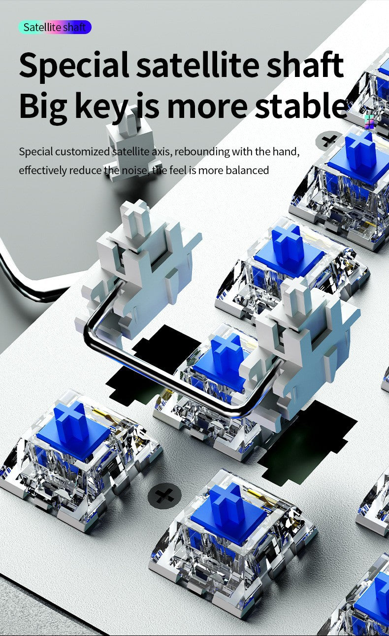 AK104 有線機械式鍵盤,可選配青軸、紅軸,具備 RGB 背光,適用於電競遊戲與辦公場景