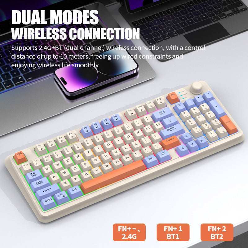 XUNFOX K94 時尚拼色旋鈕無線藍牙雙模發光鍵盤,適用於電腦、筆記本