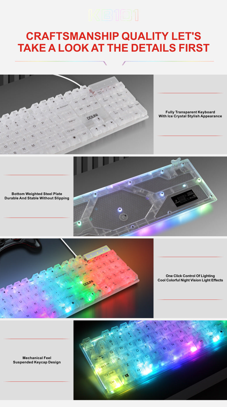 douni KB101 鍵盤,有線連接,具機械手感,七彩 RGB 發光,透明設計,適用於筆記本電腦和遊戲