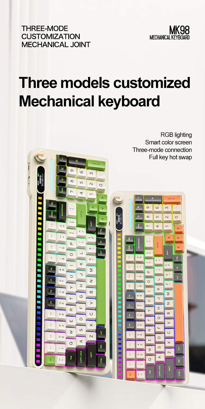 smailwolf MK98 三模 RGB 無線鍵盤,帶屏幕,藍牙客製化,遊戲機械鍵盤,具備拾音燈