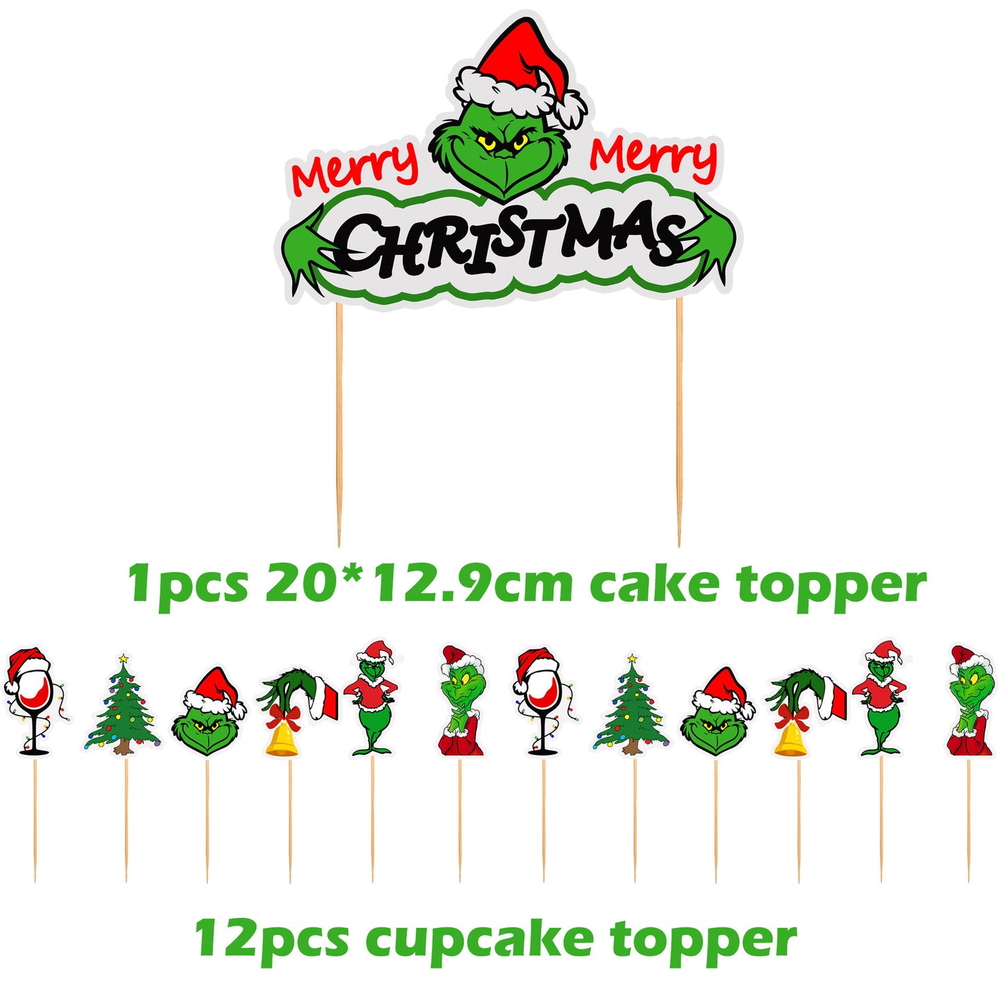 Grinch theme decoration Christmas party flag banner balloon birthday cake insert set (minimum batch of 2 sets)