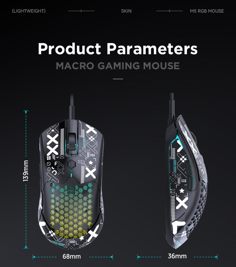 FreeWolf M5 輕量有線電競洞洞鼠,PAW3325 引擎,12000DPI RGB 款