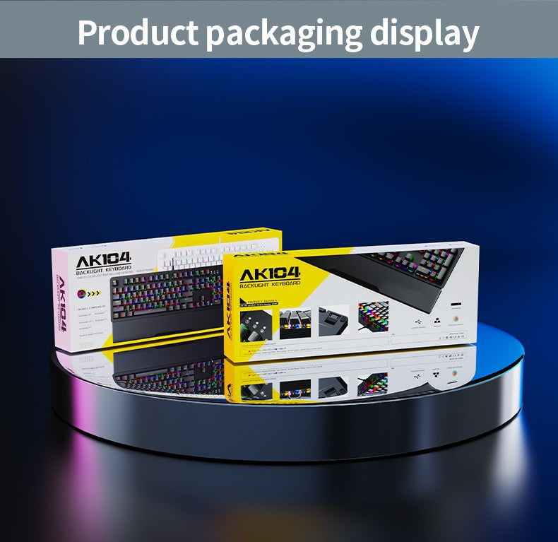 AK104 有線機械式鍵盤,可選配青軸、紅軸,具備 RGB 背光,適用於電競遊戲與辦公場景
