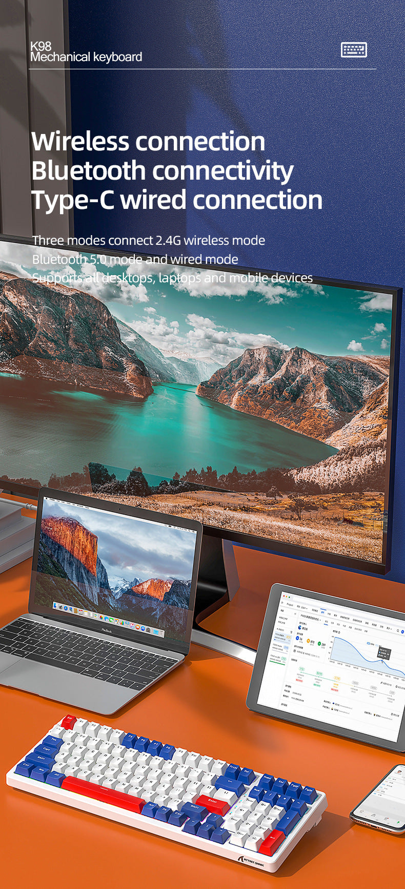 Attack Shark K98RGB三模熱插拔機械鍵盤客製化遊戲藍牙無線鍵盤