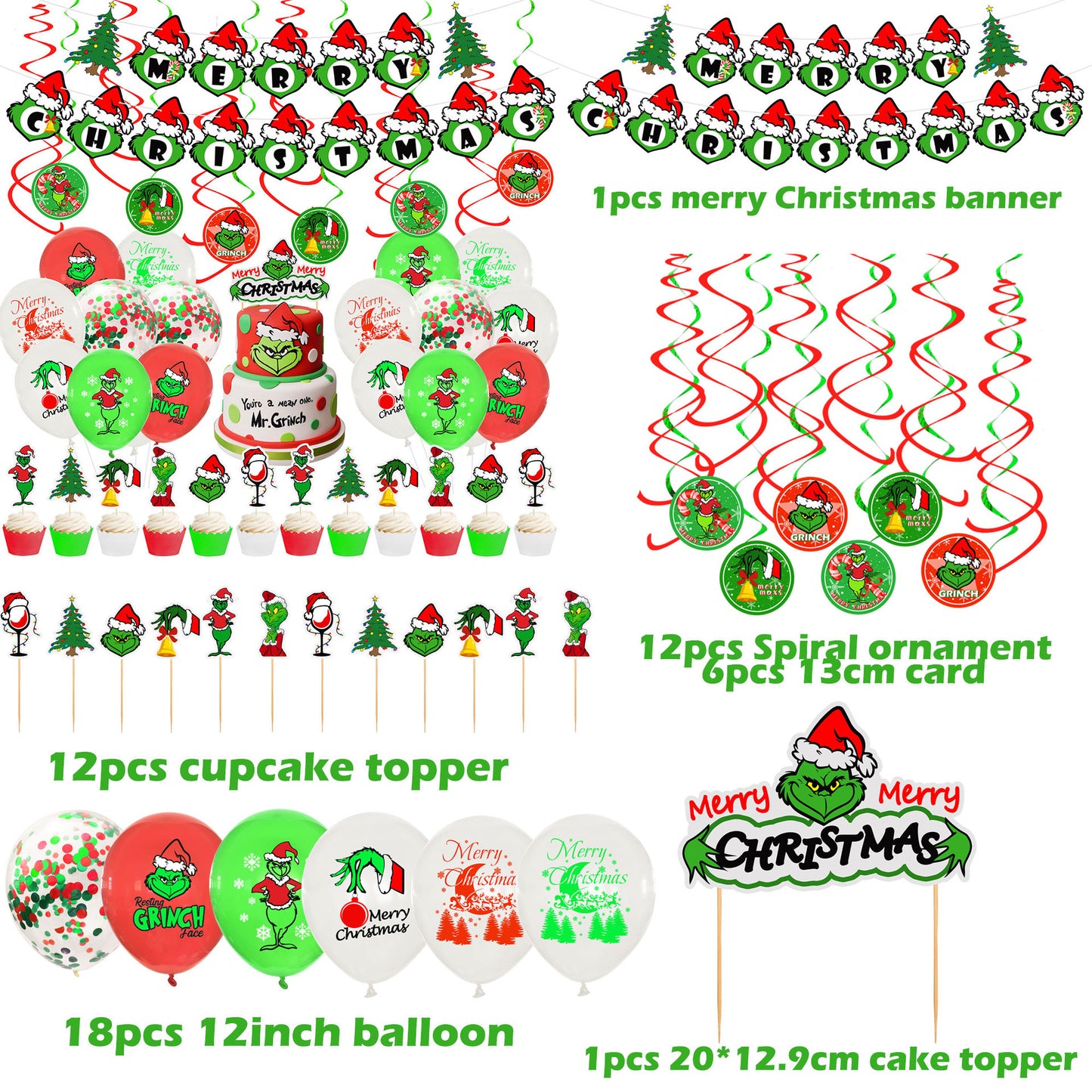 Grinch theme decoration Christmas party flag banner balloon birthday cake insert set (minimum batch of 2 sets)