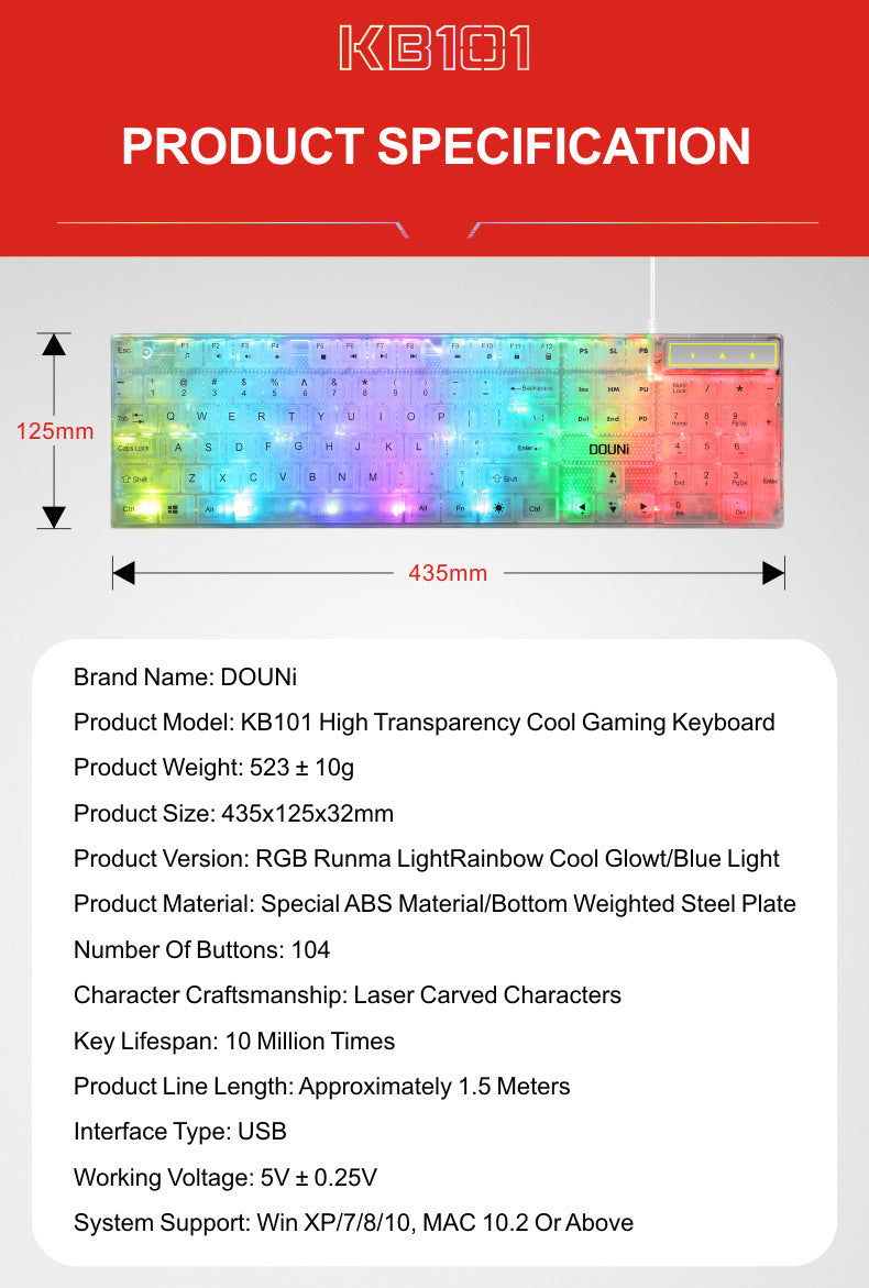 douni KB101 鍵盤,有線連接,具機械手感,七彩 RGB 發光,透明設計,適用於筆記本電腦和遊戲