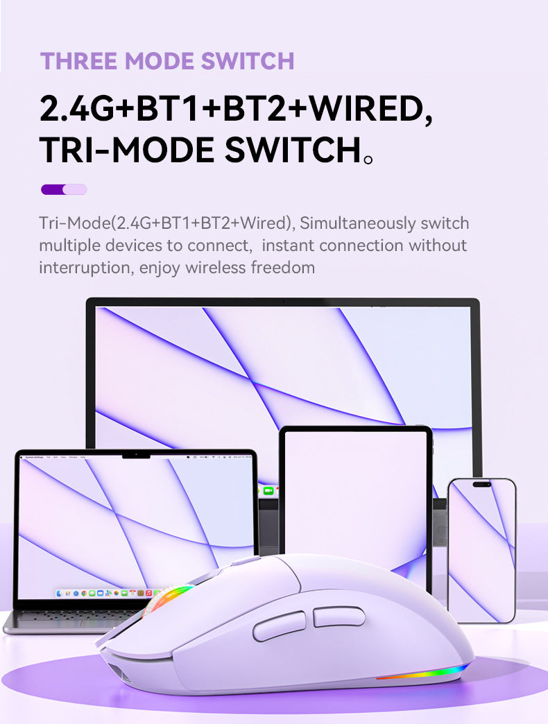 R518 無線藍牙三模遊戲滑鼠,支援 2.4g 無線、有線連接,具備無線充電功能,輕量設計,適用於電競與辦公場景