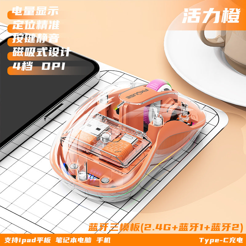 M333新款無線藍牙滑鼠,透明外觀,支援充電,附七彩呼吸燈,適用於平板、筆記本等辦公場景