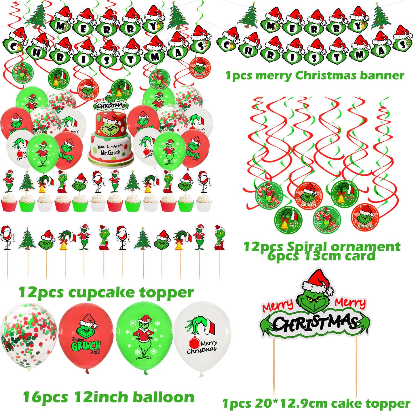 Grinch theme decoration Christmas party flag banner balloon birthday cake insert set (minimum batch of 2 sets)