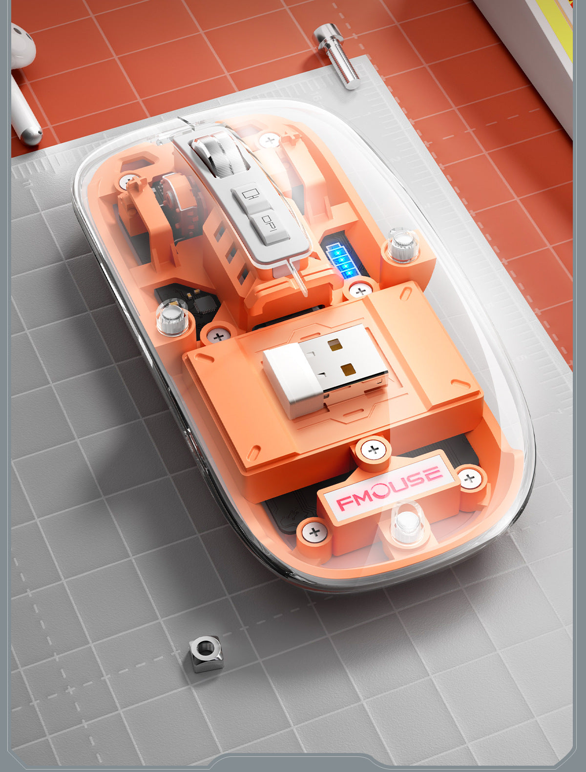 FMOUSE M133 無線藍牙三模透明鼠標,可充電,具備低音特點,適合女生使用,適用於平板電腦、筆記本,可用於辦公