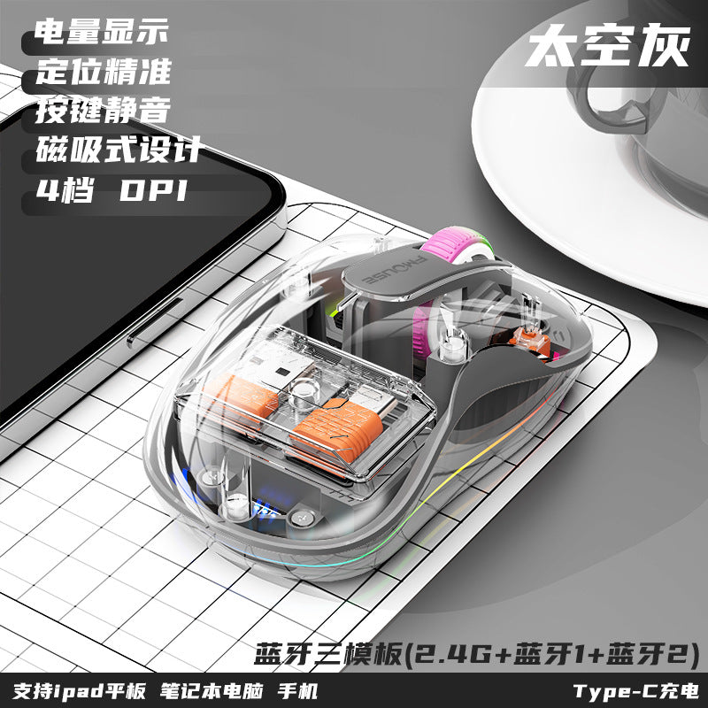 M333新款無線藍牙滑鼠,透明外觀,支援充電,附七彩呼吸燈,適用於平板、筆記本等辦公場景